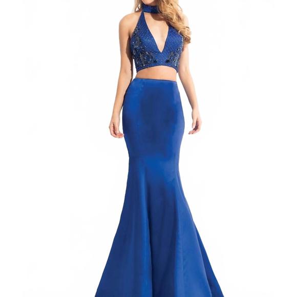 NEW RACHEL ALLAN two piece long halter prom dress in royal - Picture 1 of 2
